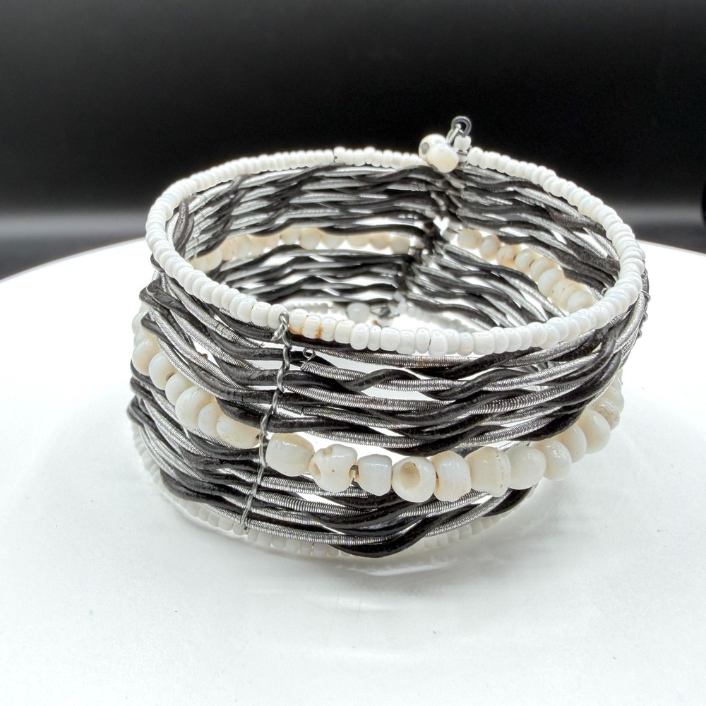 White Beaded Multi Strand Cuff Bracelet Boho Statement Layered Festival Gift